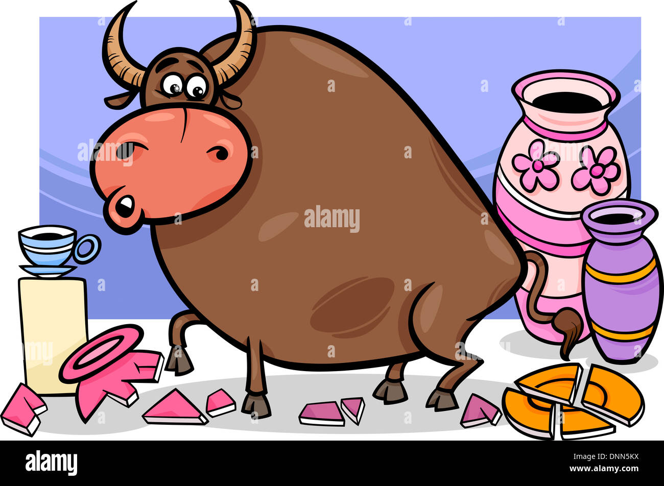 Cartoon Humor Concept Illustration of Bull in a China Shop Saying Stock Photo