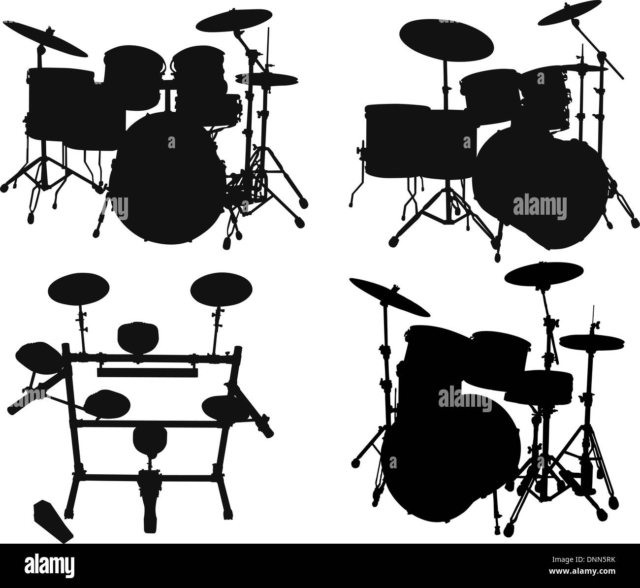 Set of vector silhouettes different drums kits Stock Vector