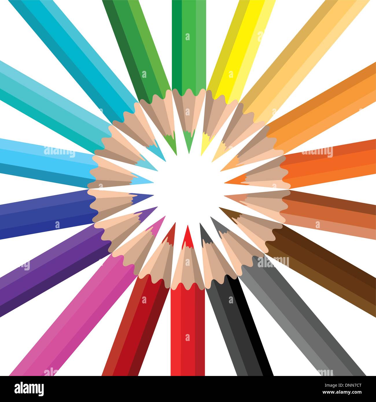 Circle of brightly coloured pencils on a white background Stock Vector