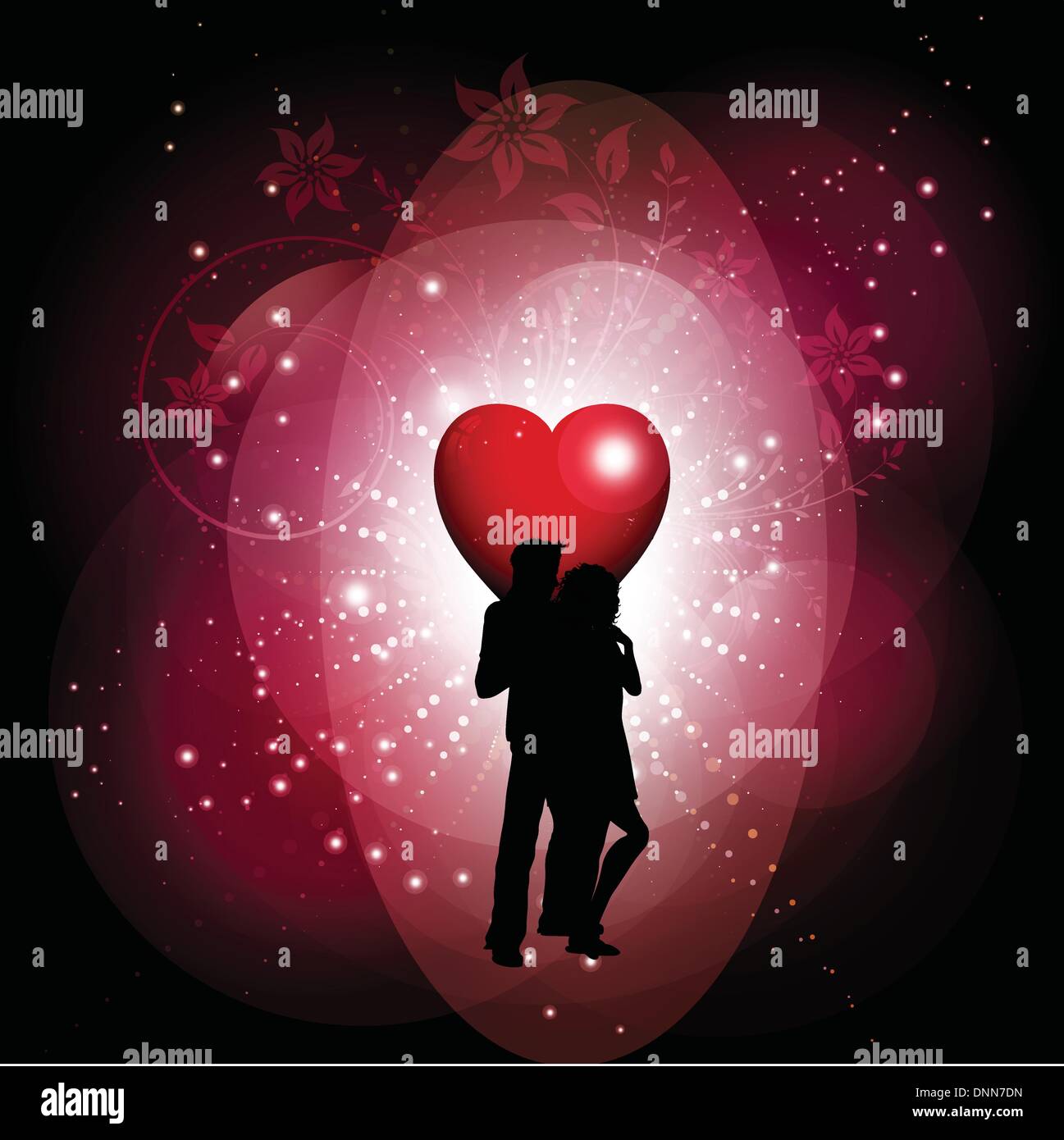 Silhouette of a loving couple on a Valentines Day background Stock ...