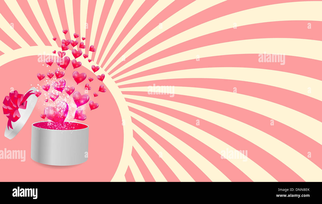 Valentines Day Card with Gift Box and Heart Shaped Balloons, Vector ...