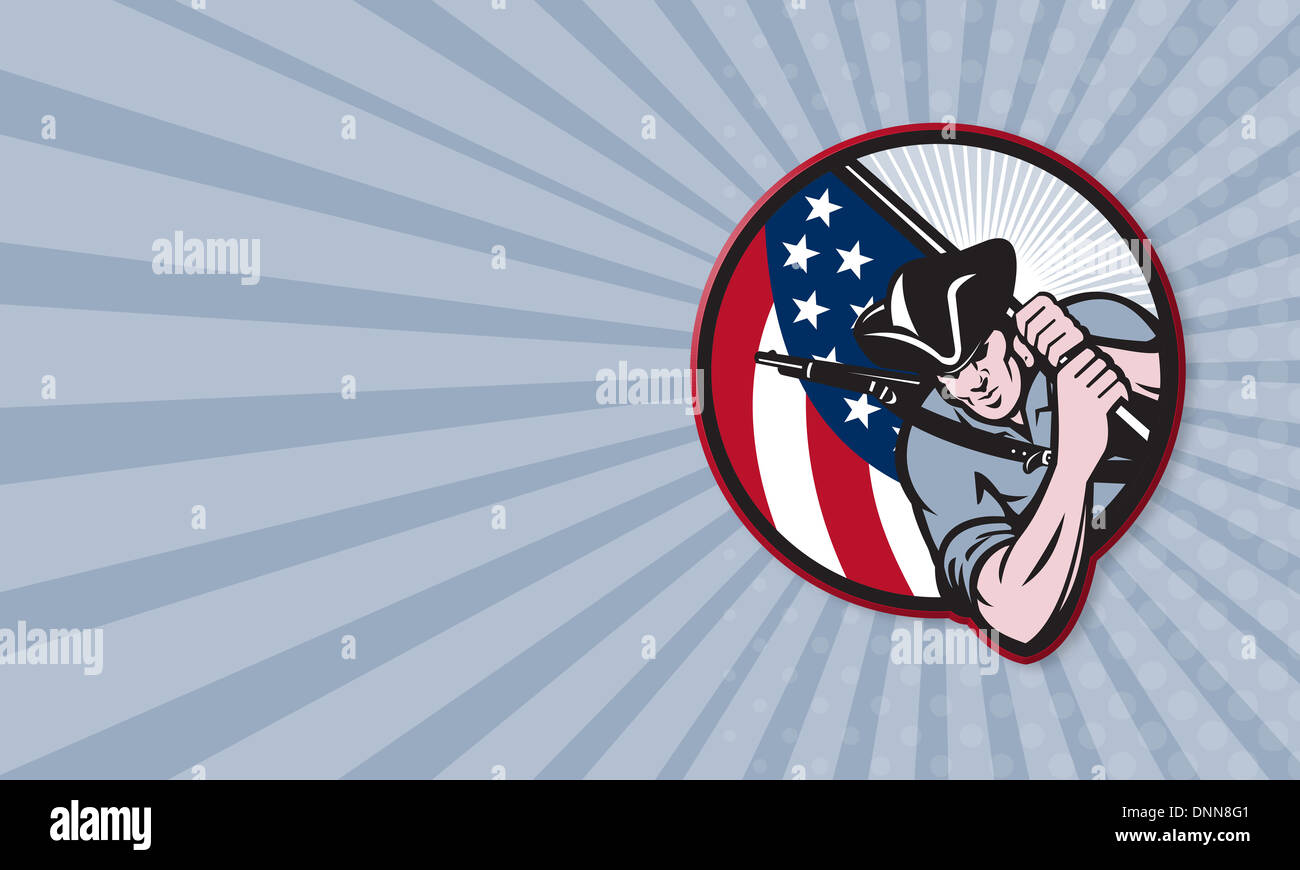 Business card template showing illustration of an American patriot minuteman revolutionary soldier with stars and stripes flag set inside circle done in retro style. Stock Photo