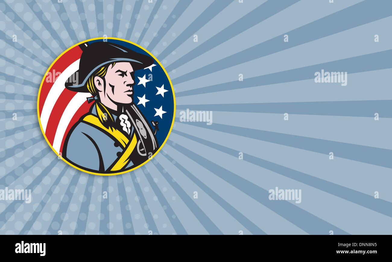 Business card template showing illustration of an American patriot minuteman revolutionary soldier with musket rifle and stars and stripes flag set inside circle done in retro style. Stock Photo