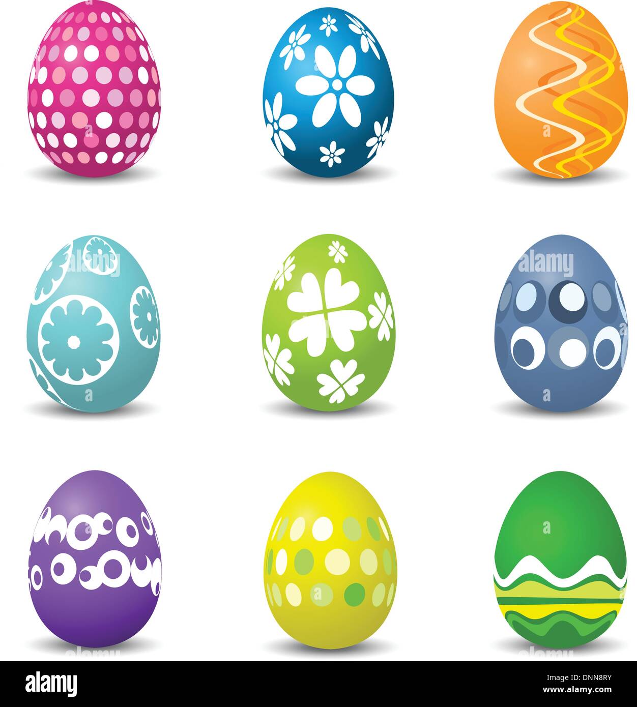 Collection of nine brightly coloured Easter eggs Stock Vector