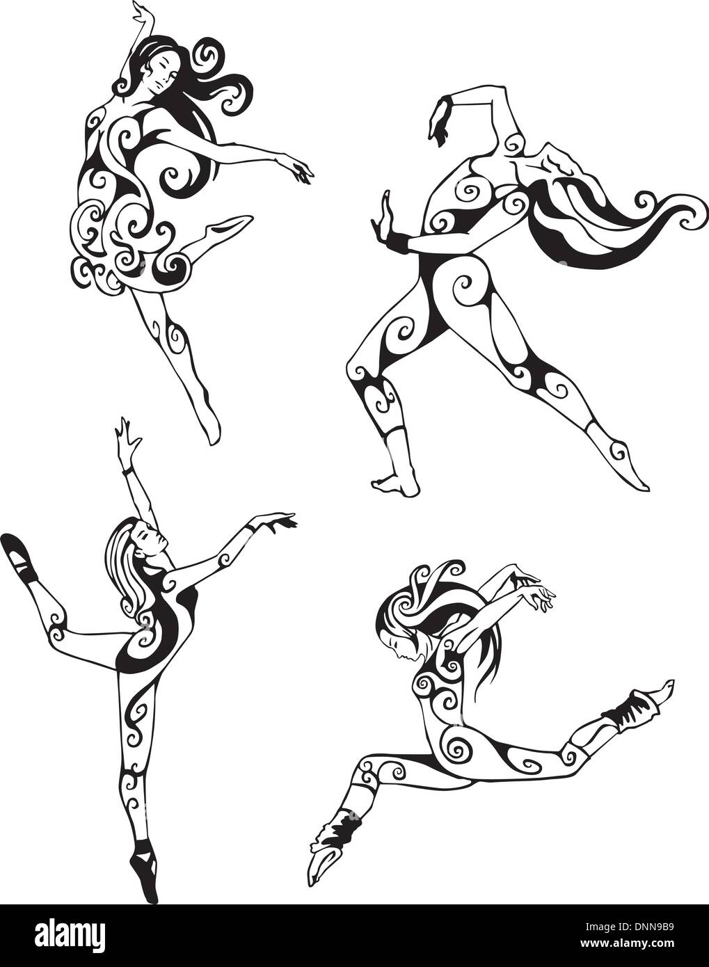 Women in modern dance. Set of black and white vector illustrations. Stock Vector