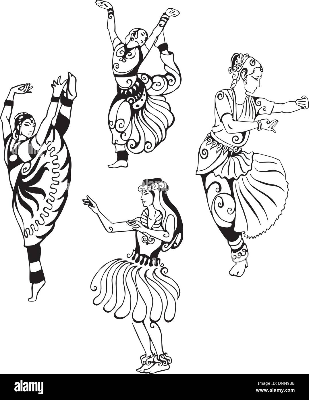 Women in oriental dance. Set of black and white vector illustrations. Stock Vector