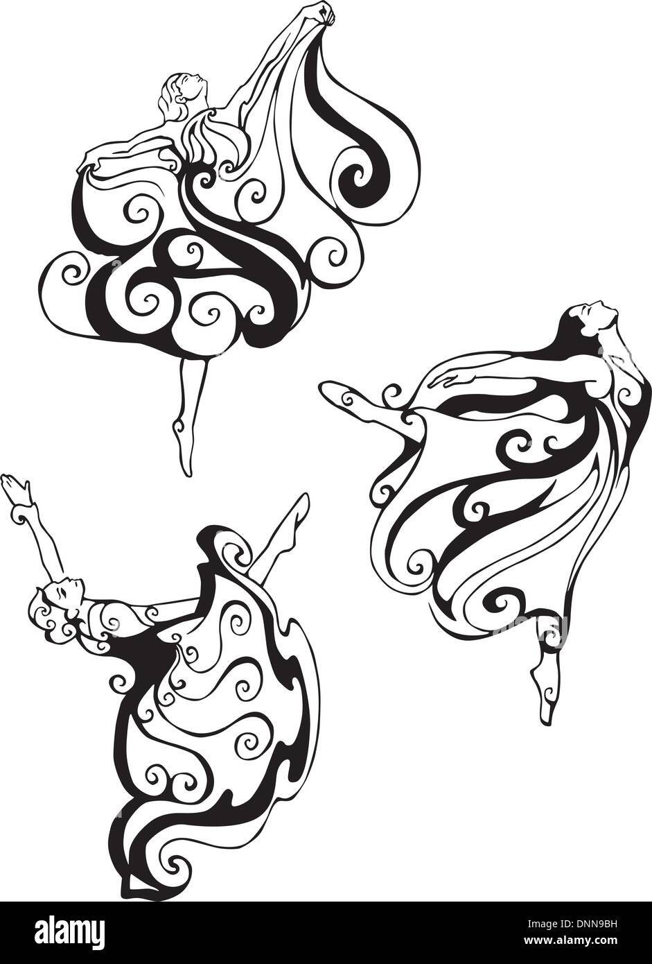 Dancing women. Set of black and white vector illustrations. Stock Vector