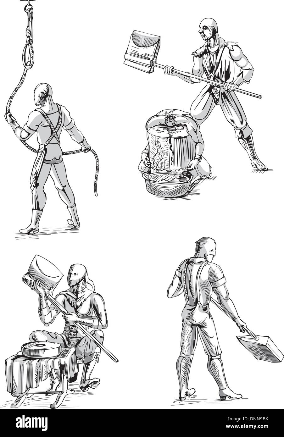 Old-Time Executioner Sketches. Set of black and white vector illustrations. Stock Vector