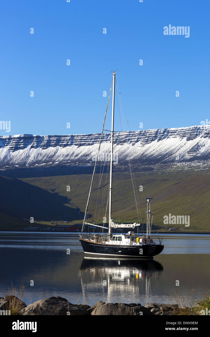 Iceland Isafjordur harbour West Fjords yacht at anchor Stock Photo