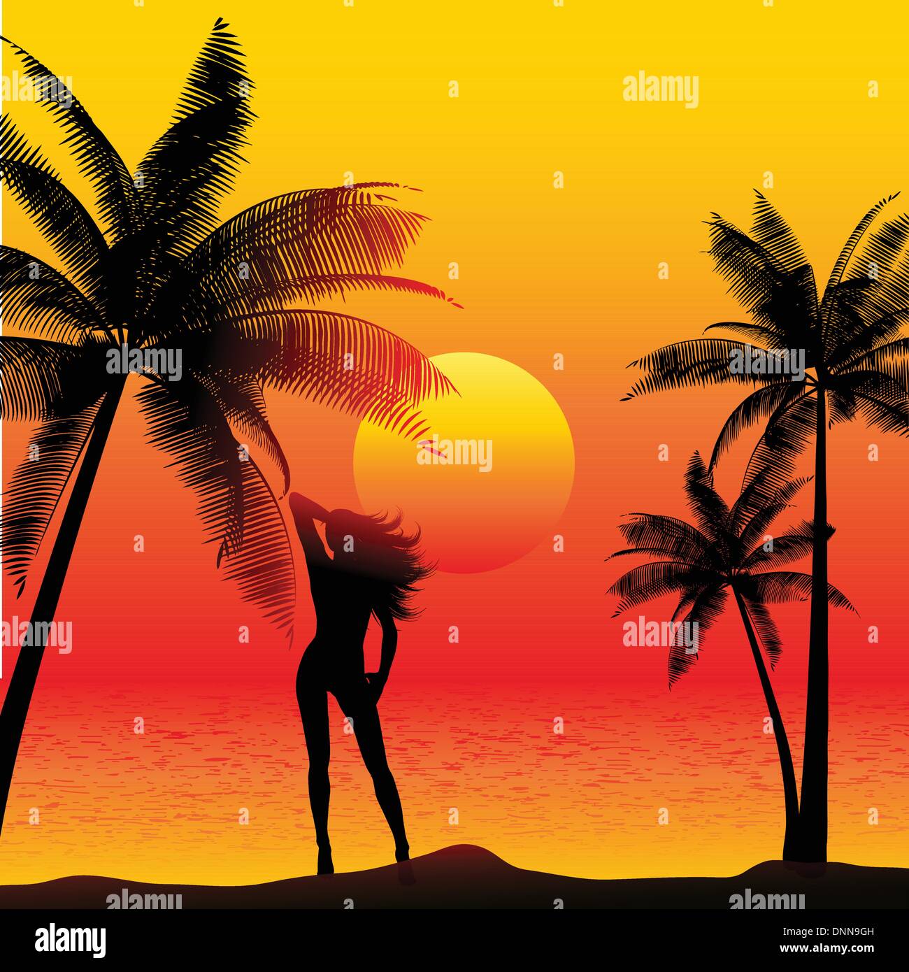 Silhouette of a female on a sunset beach with palm trees Stock Vector ...
