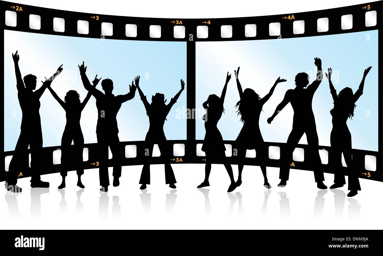 Silhouettes of people dancing on film strip background Stock Vector