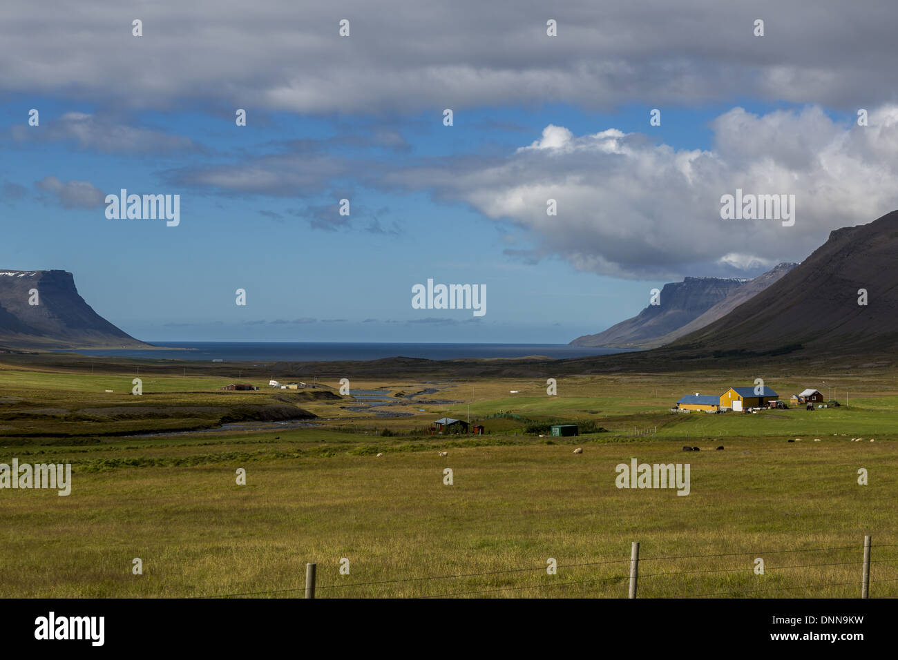 Iceland West fjords. Looking north west across isolated farm to the entrance to Dyrafjordur. Icelandic magnificent unspoiled land Stock Photo