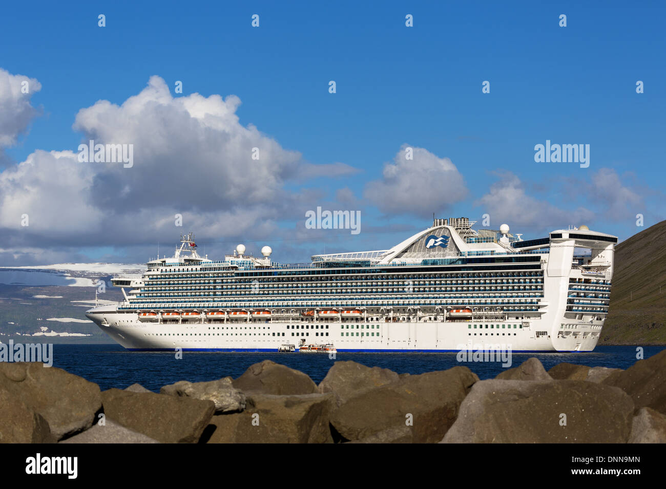 Caribbean Princess cruise ship anchored off Isafjordur Westfjords Iceland Stock Photo