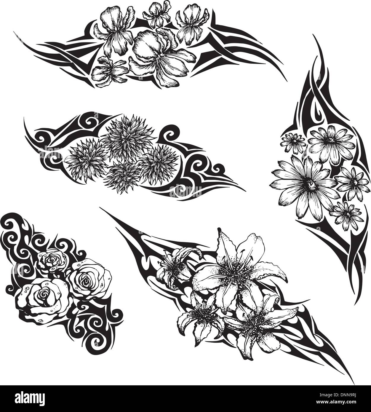 Tribal Flower Tattoos. Set of black and white vector illustrations