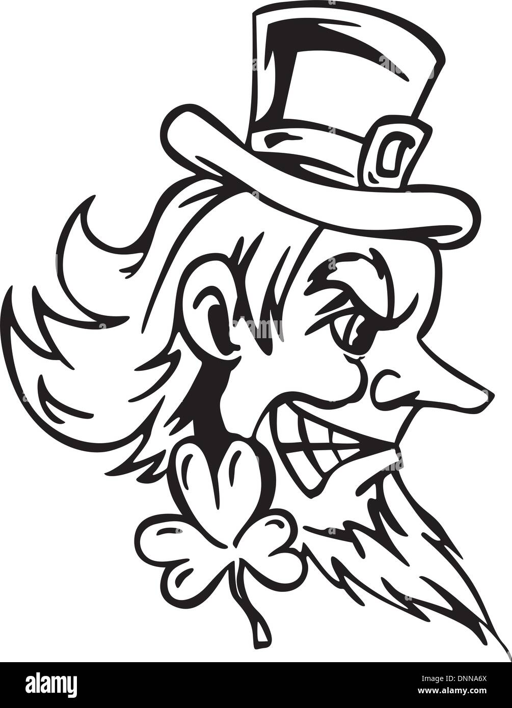 Head of Leprechaun. Black and white vector illustration Stock Vector