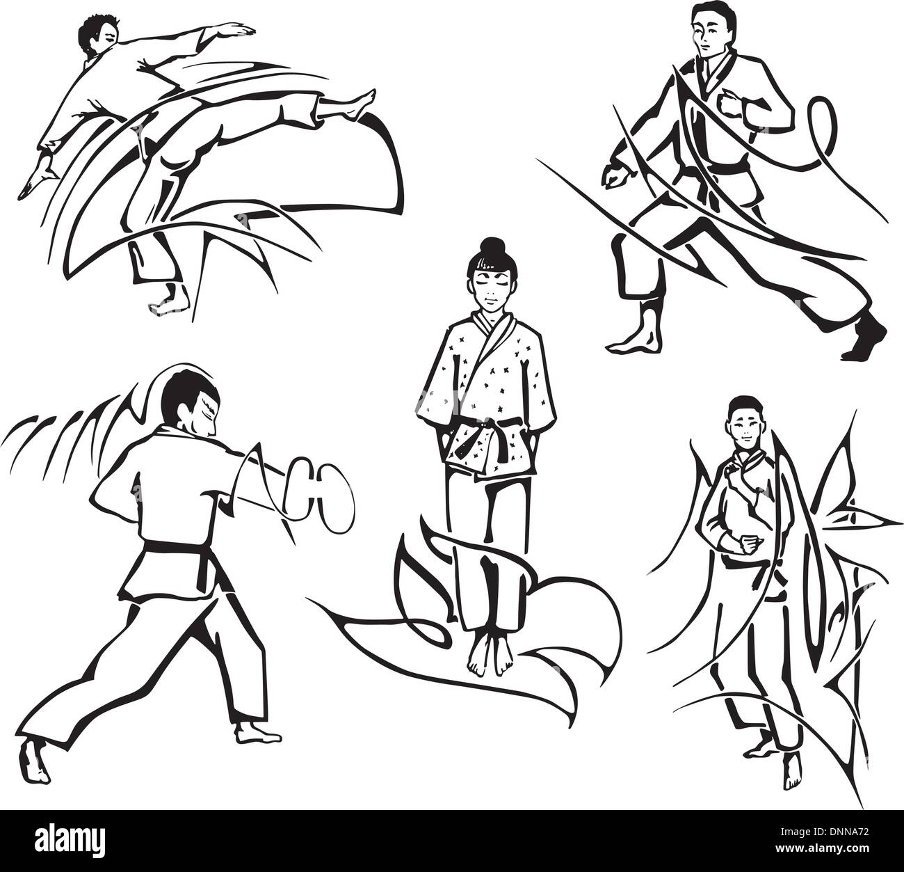 Martial art lessons. Set of black and white vector illustrations Stock