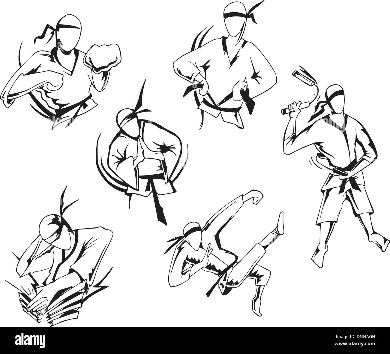 Martial arts. Set of black and white vector illustrations Stock Vector