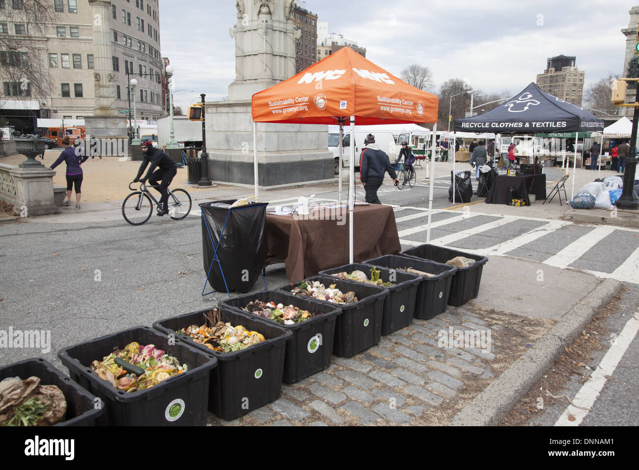 Compost drop-off bins at the Grand Army Plaza Green Market in Brooklyn, New York, sponsored by the city of New York. Stock Photo
