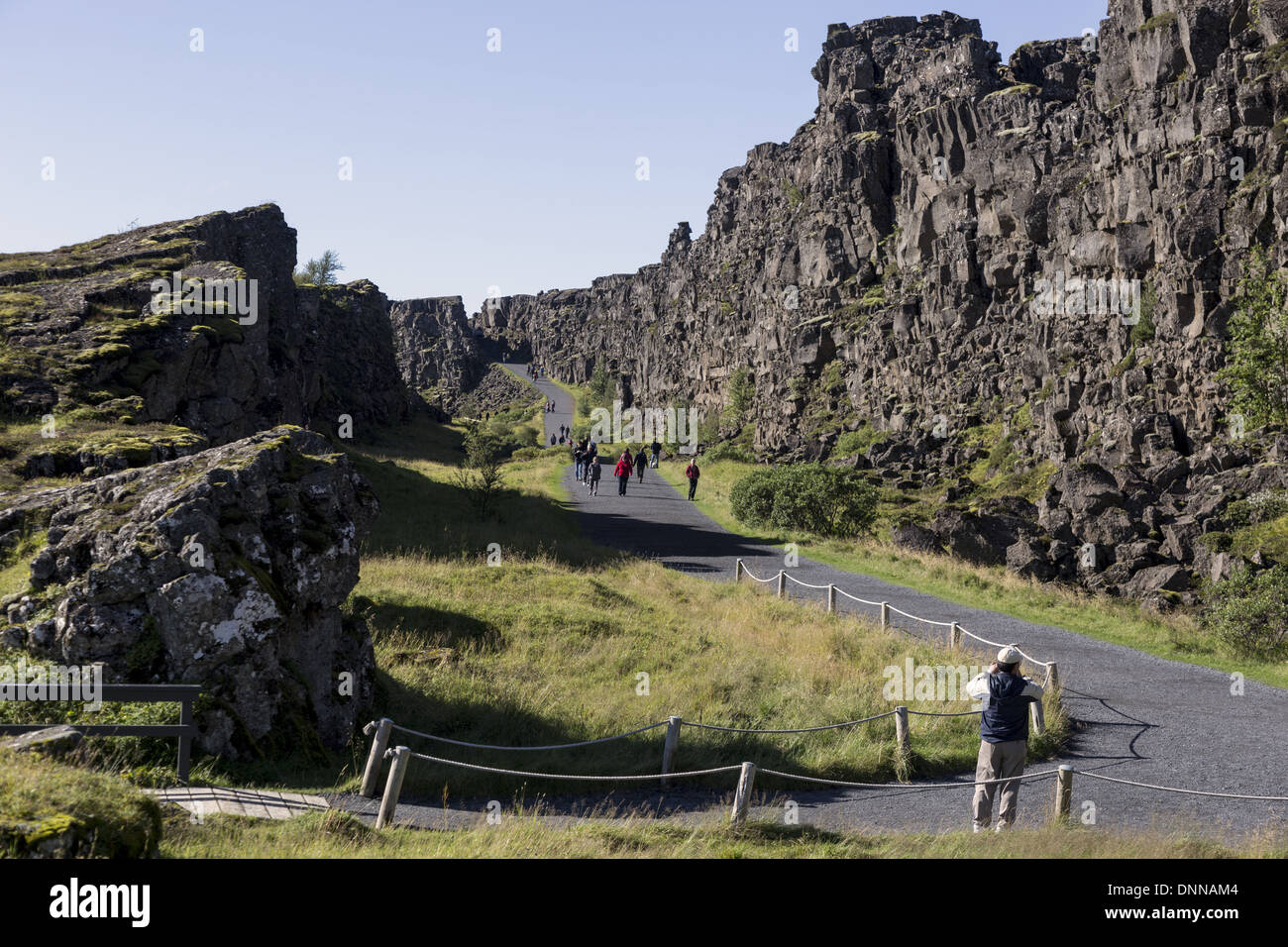 Thingvellir located on a fissure rift zone running through Iceland, on the tectonic plate boundaries of the Mid-Atlantic Ridge. Stock Photo