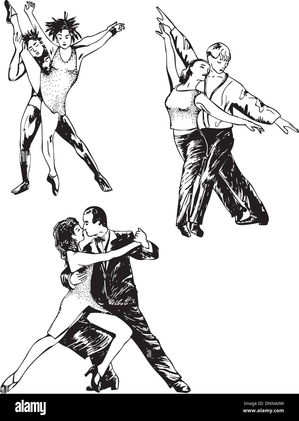 Dancing couples. Set of black and white vector illustrations Stock ...