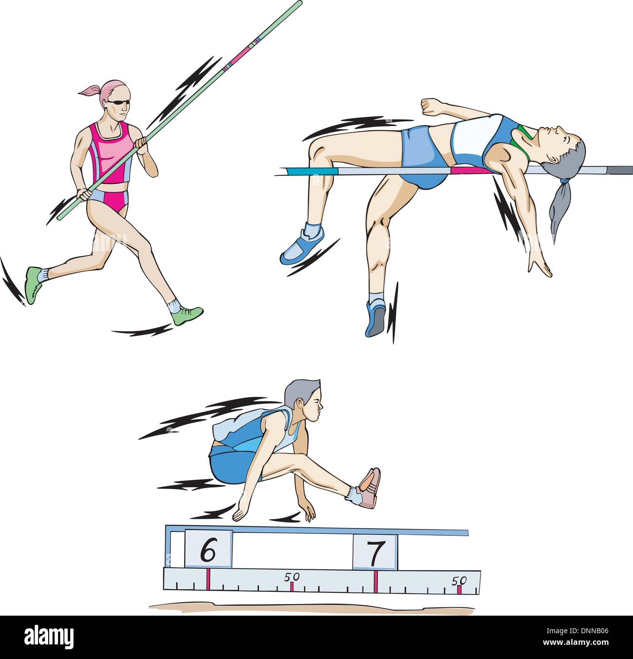 Athletics. Jumping Pole vault, High jump and Long jump. Set of color
