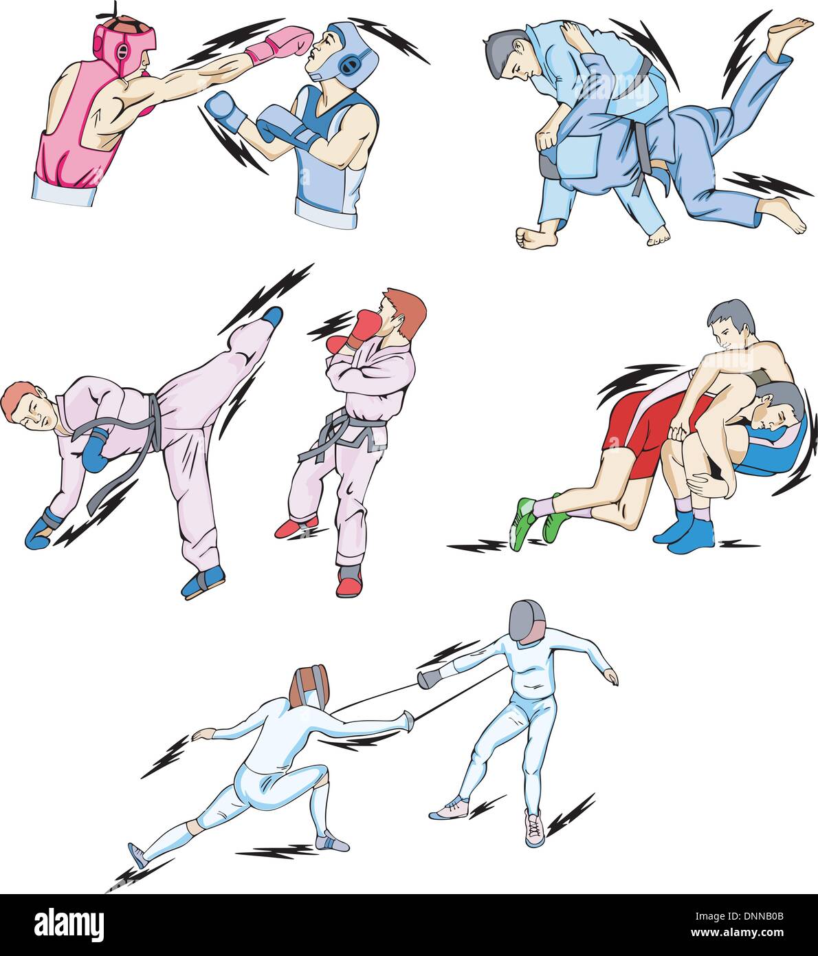 Struggle and Fighting Sports: Boxing, Judo, Taekwondo, Fencing, Freestyle and Greco-Roman Wrestling. Set of color vector illustr Stock Vector