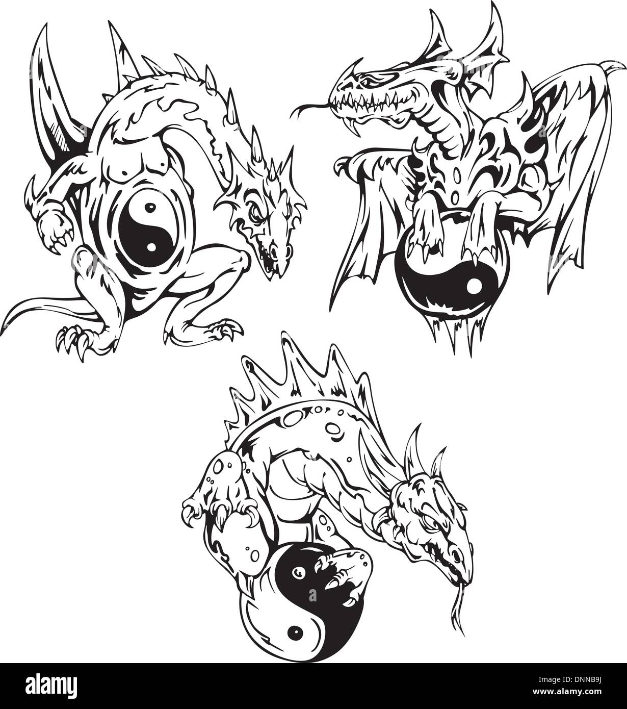 Dragon tattoos with yin-yang signs. Set of vector illustrations Stock ...