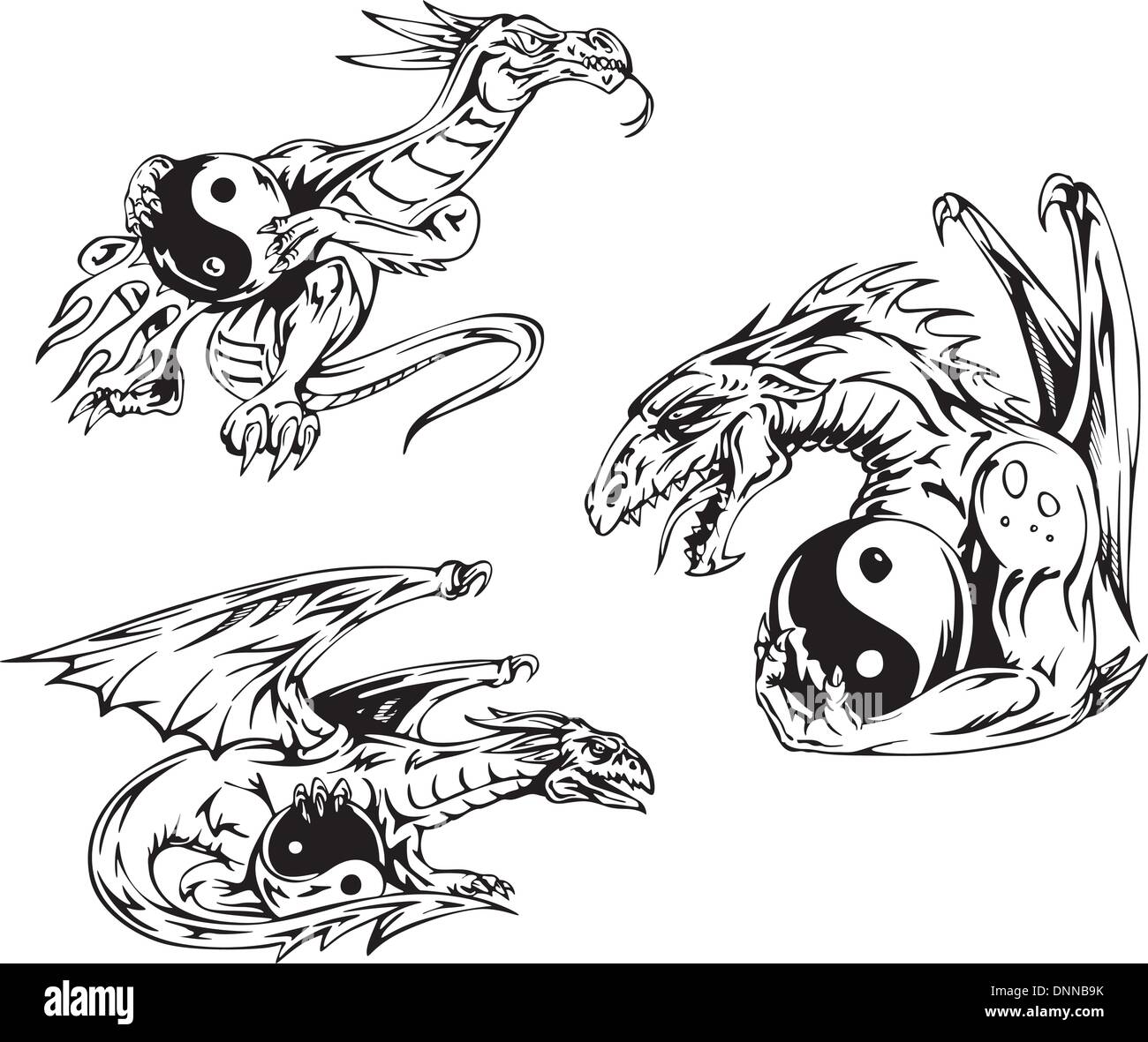Dragon tattoos with yin-yang signs. Set of vector illustrations Stock ...