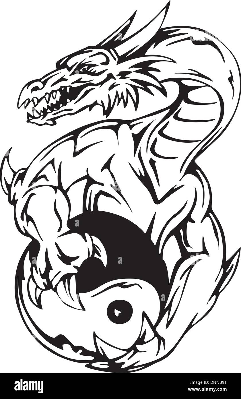 Dragon tattoo with yin-yang sign. EPS vector illustration Stock Vector ...