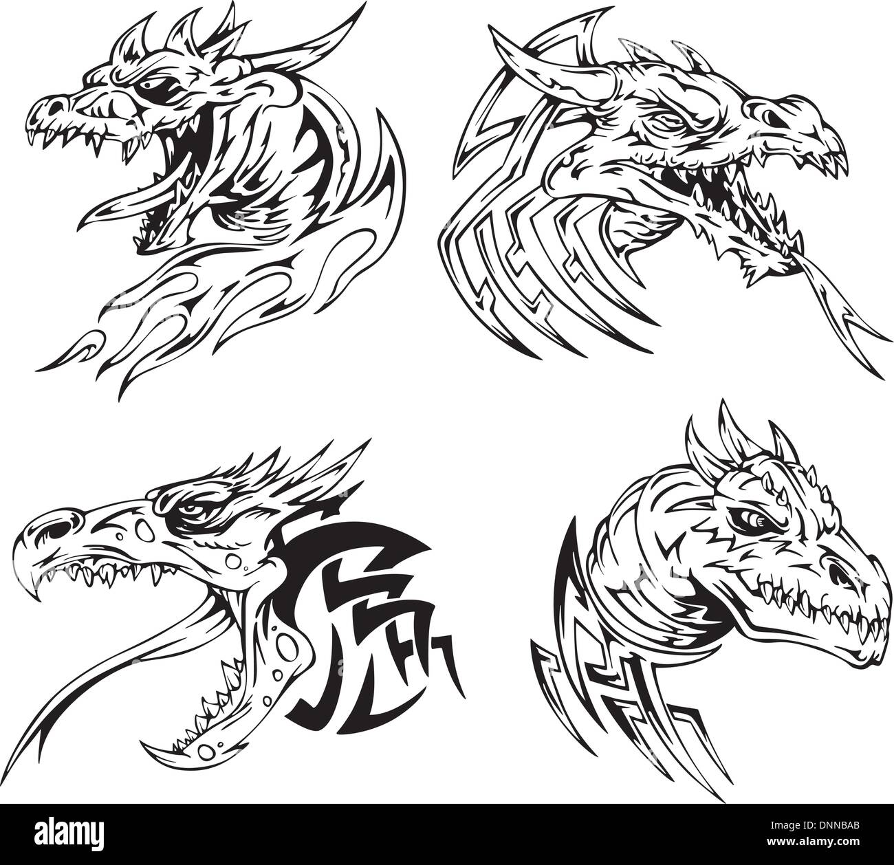 Dragon head tattoos. Set of black and white vector illustrations. Stock Vector