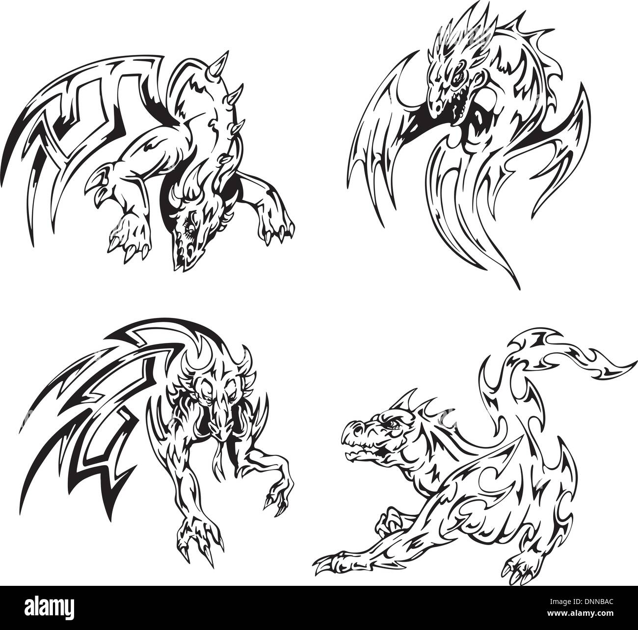 Dragon tattoos. Set of black and white vector illustrations. Stock Vector