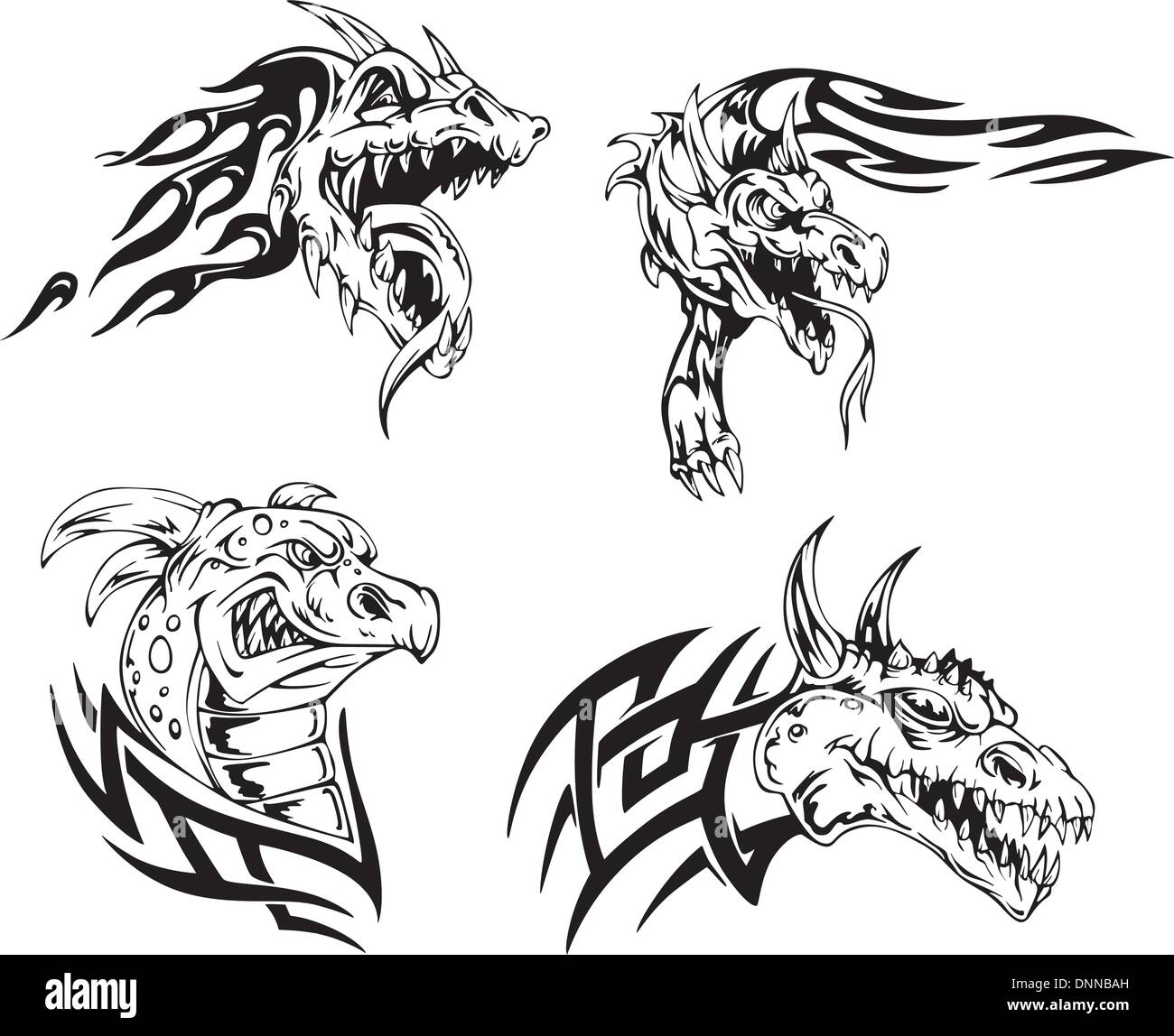 Dragon heads - tattoo designs. Set of vector illustrations. Stock Vector