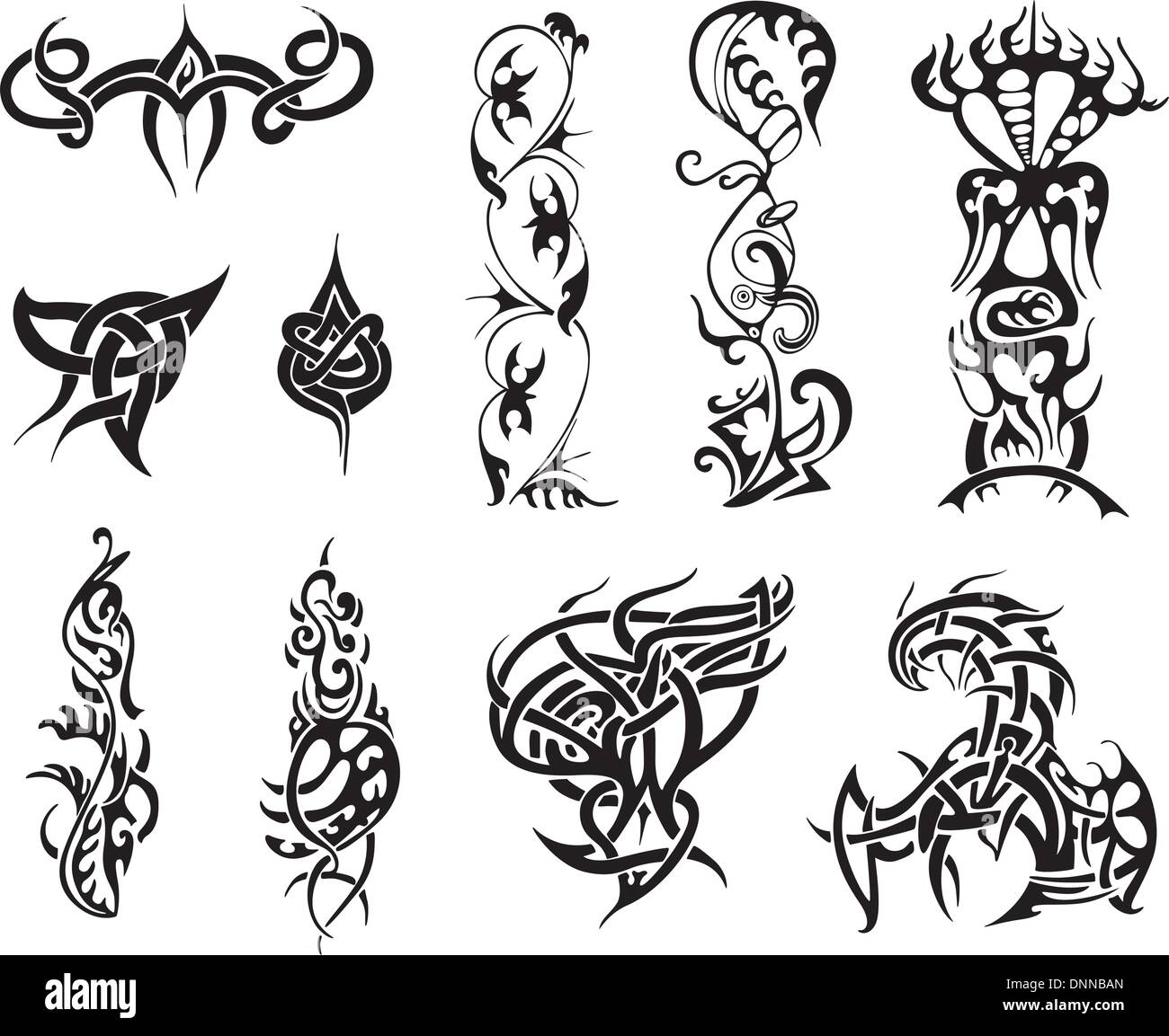 Tribal tattoo designs. Set of vector illustrations. Stock Vector