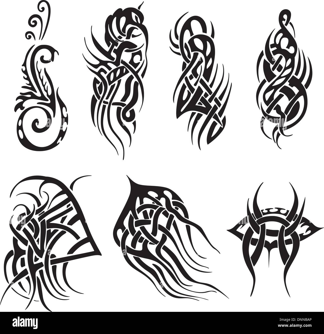 Tribal tattoo designs. Set of vector illustrations. Stock Vector