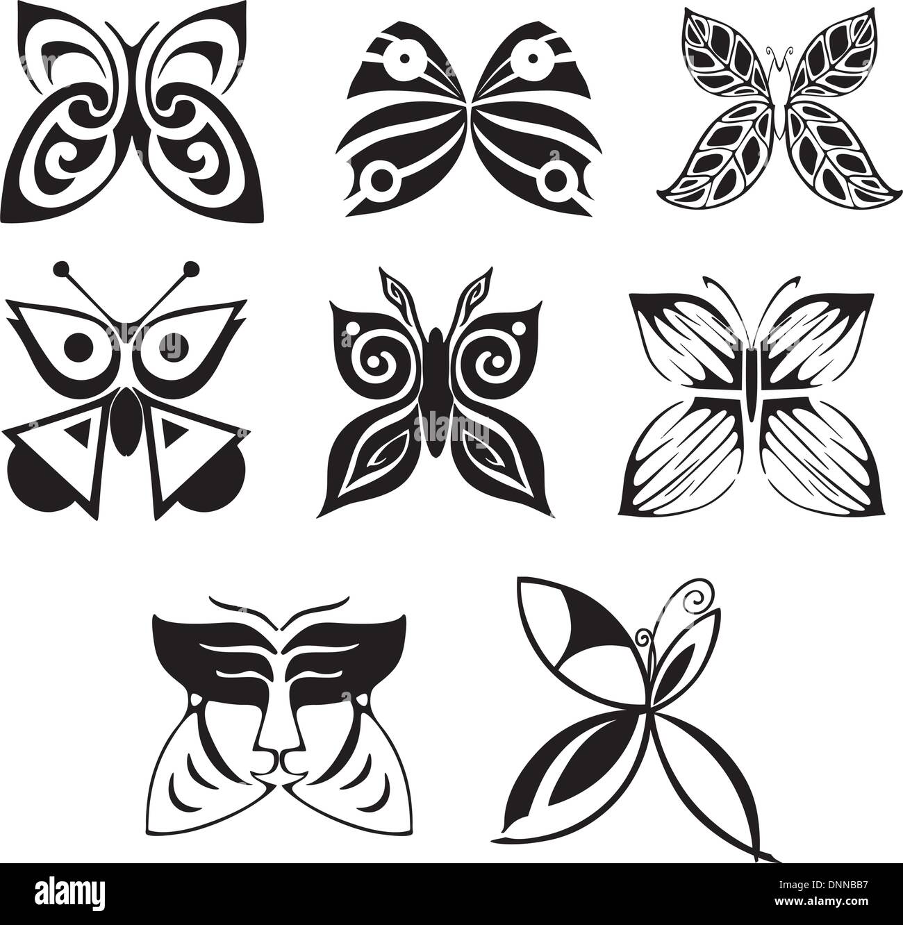 Stylized butterflies. Set of black and white vector illustrations Stock ...