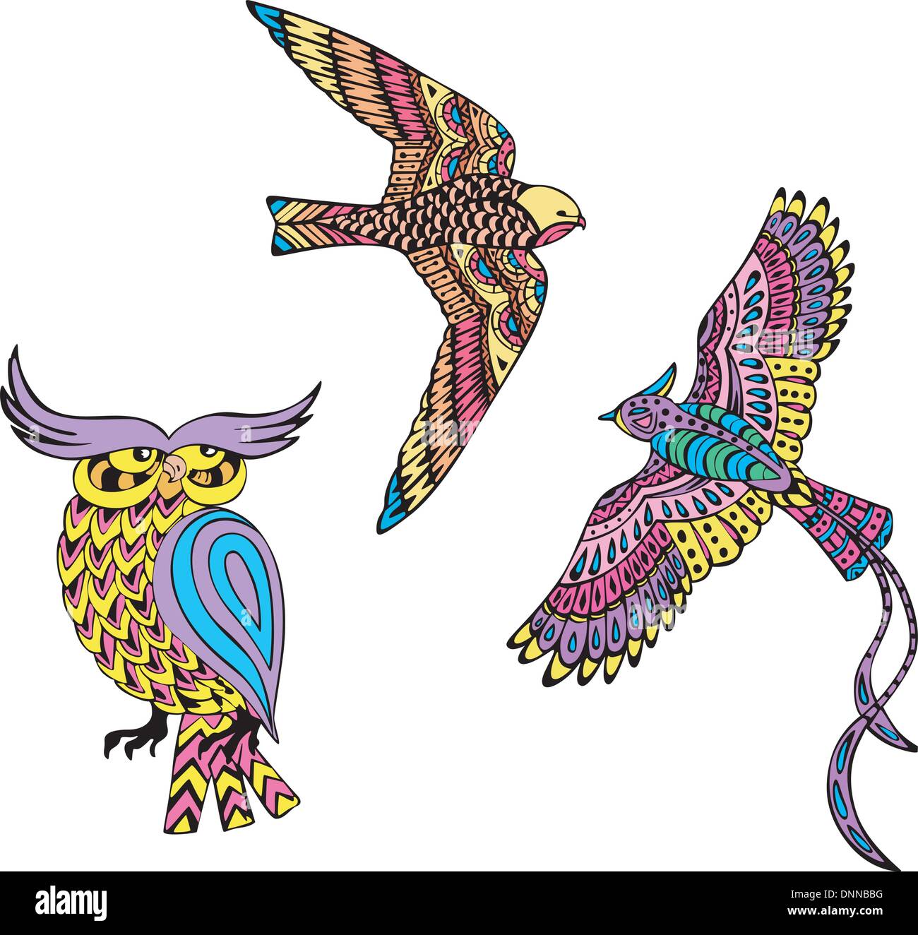 Stylized motley birds. Set of color vector illustrations. Stock Vector