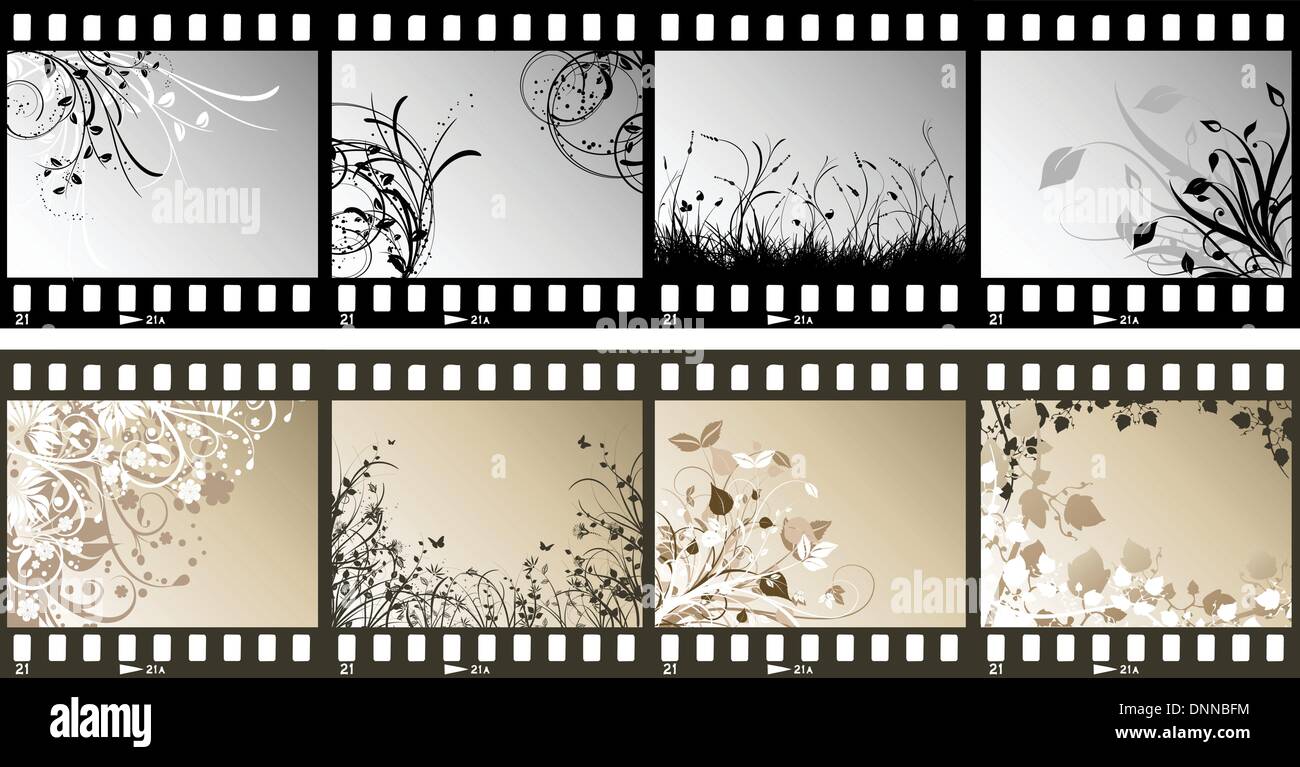 Film strips with different floral designs on each frame Stock Vector