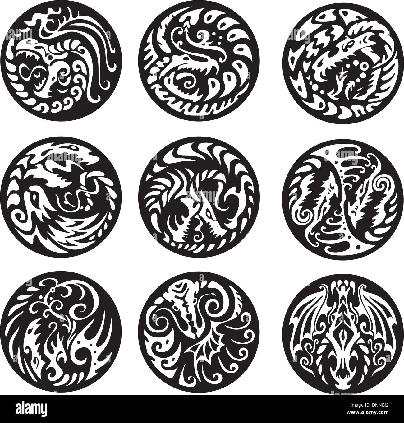 Round dragon designs. Set of black and white vector emblems. Stock Vector