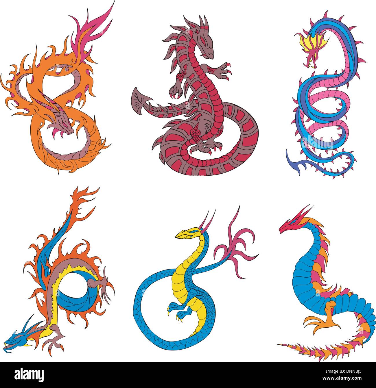 Long japanese dragon worms. Set of color vector illustrations. Stock Vector