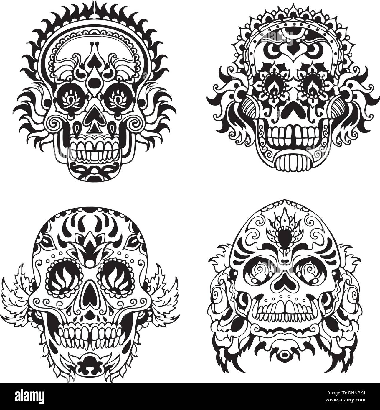 Floral ornamental skulls. Set of black and white vector illustrations. Stock Vector