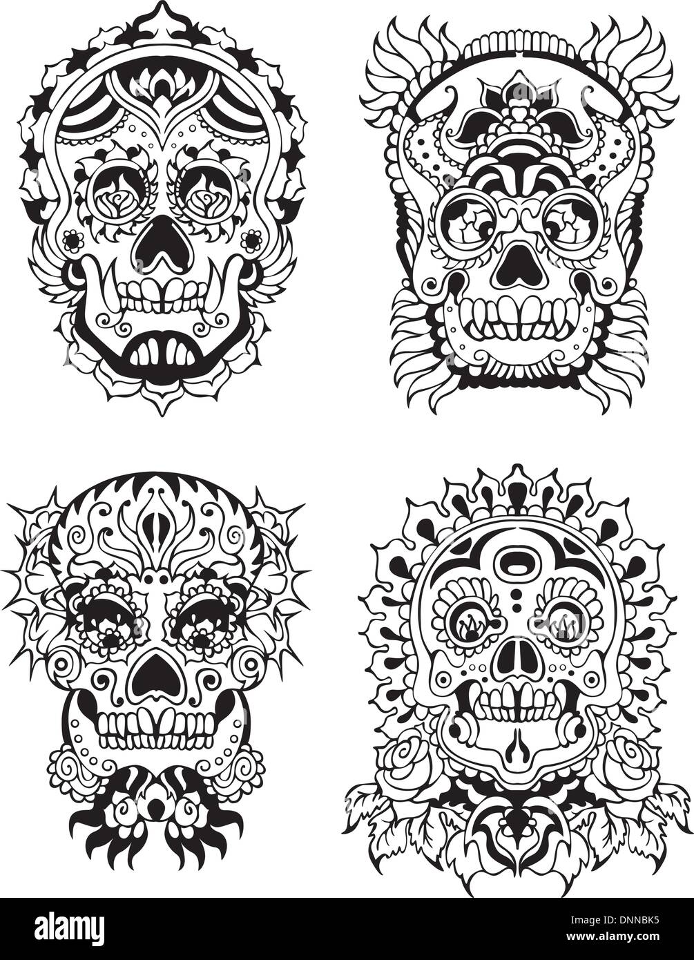 Floral ornamental skulls. Set of black and white vector illustrations. Stock Vector