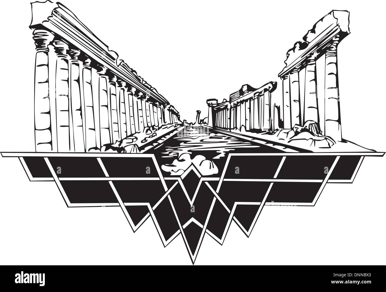 Ancient ruins with a colonnade. Black and white vector illustration EPS