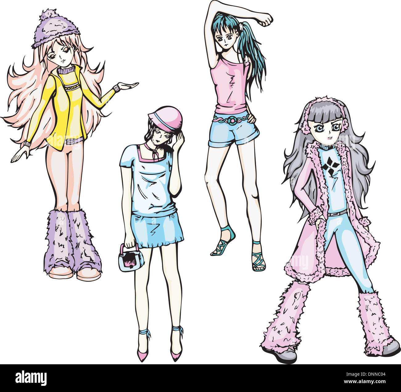 Four teenager girls. Set of color vector illustrations Stock Vector ...
