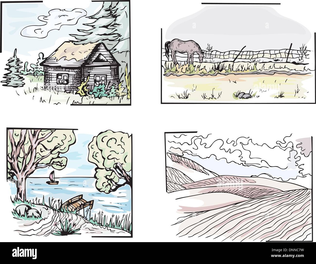 Set of rural landscapes. Color vector sketches Stock Vector Image & Art ...