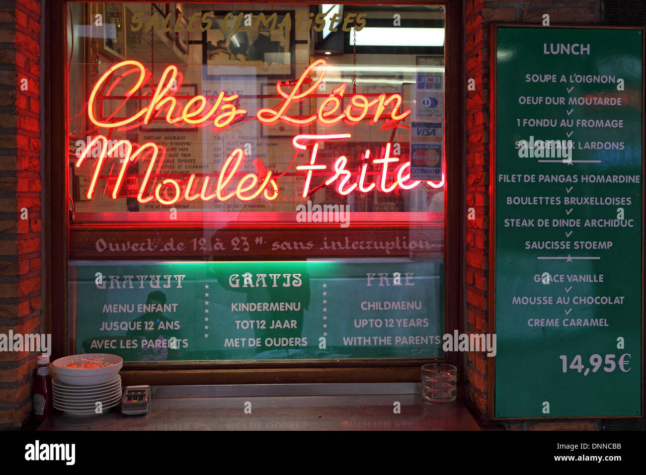 The window of the Chez Leon restaurant in Brussels, Belgium. Stock Photo