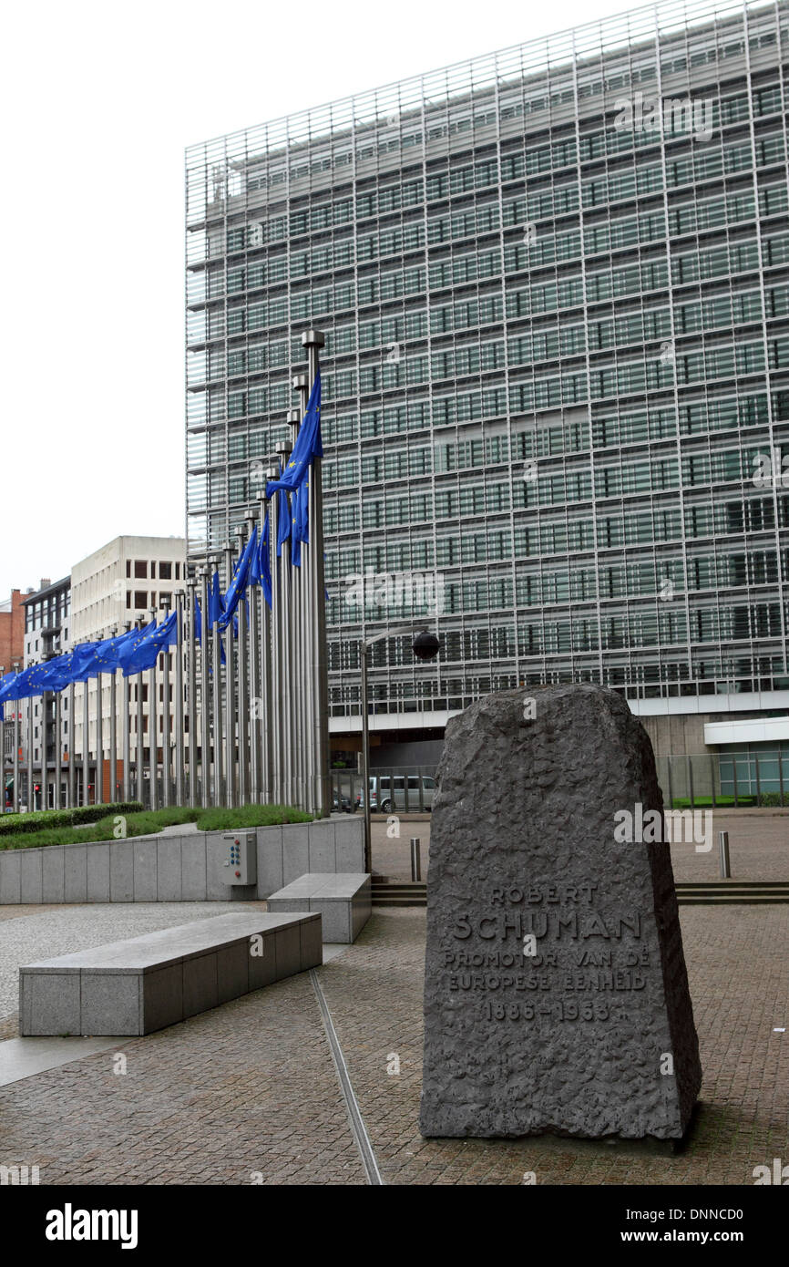 A memorial to Robert Schuman, a promoter of European unity at the Berlaymont building in Brussels, Belgium. Stock Photo