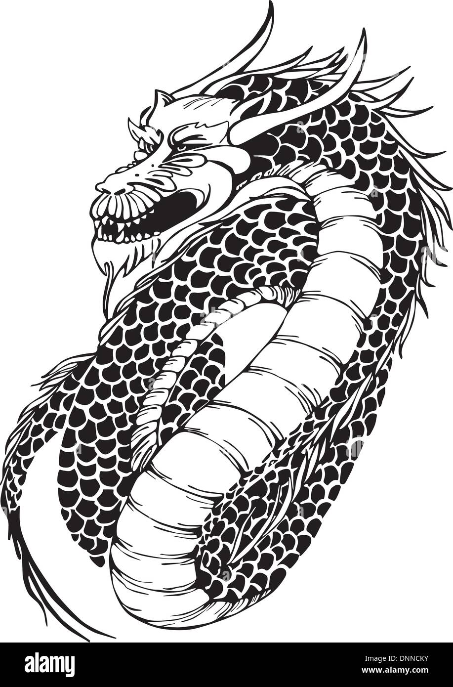 Oriental legless dragon. Black and white vector illustration. Stock Vector