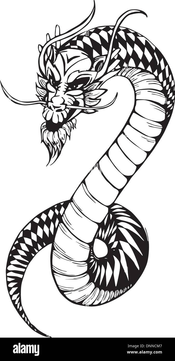 Oriental legless dragon. Black and white vector illustration. Stock Vector