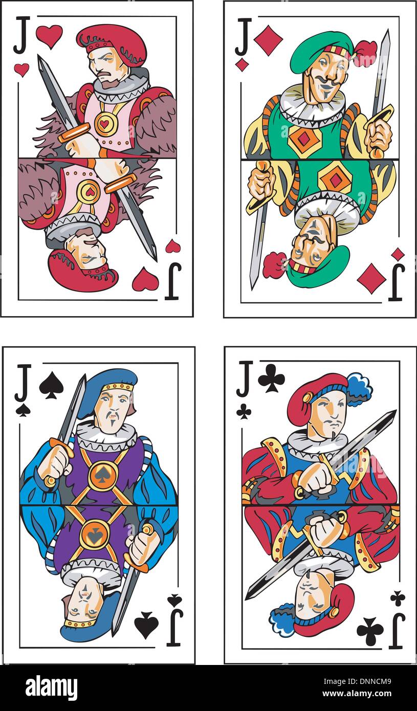 Playing cards. Jacks. Set of color vector illustrations Stock Vector