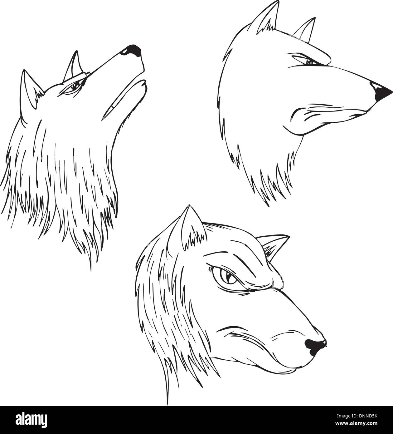 Aggressive wolf heads. Set of black and white vector tattoo designs. Stock Vector